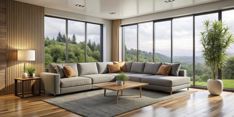 Fototapeta premium Modern living room featuring a stylish sectional sofa with a picturesque window view, modern