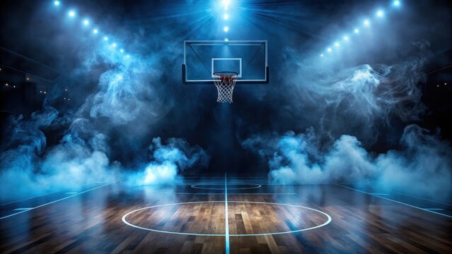 Dark and dramatic high school basketball court with blue smoke and LED lights , dramatic, intense, high school, sports