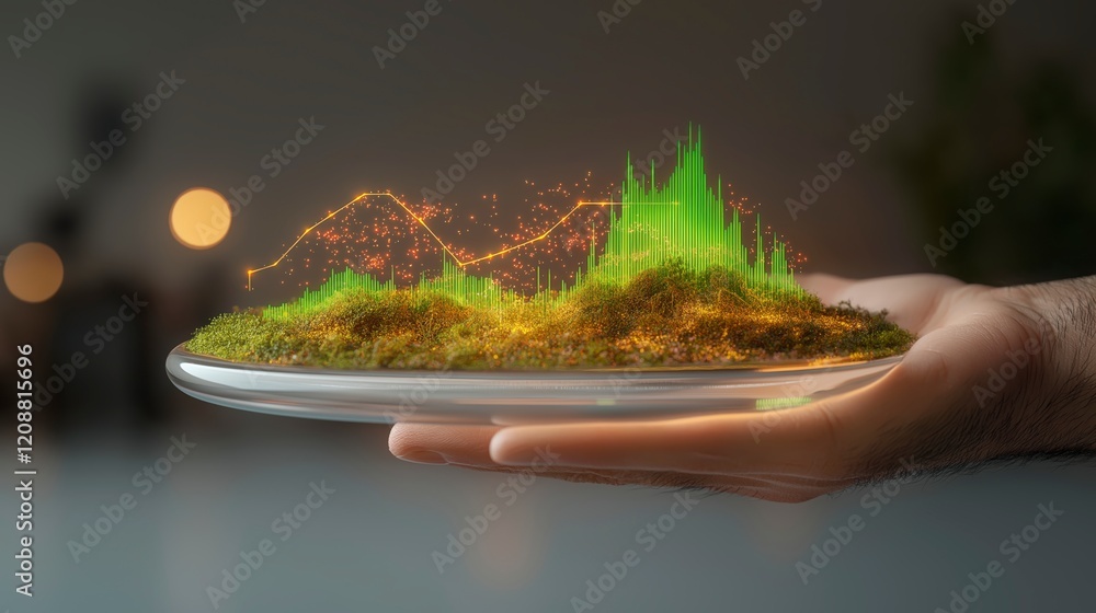 Aufkleber hand holding plate with digital landscape showing data visualization and growth metrics in green col
