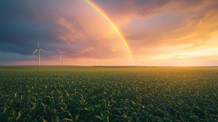 Rainbow Sunset Over Wind Farm & Cornfield