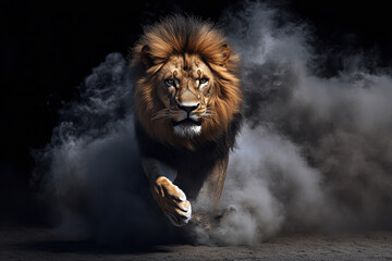 Majestic lion captured running through a cloud of smoke.