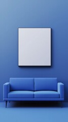 Blank photo frame mockup mounting on blue wall with blue sofa, Blank canvas frame in blue living room with couch