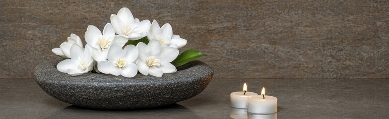 Spa-like setting with white flowers and candles