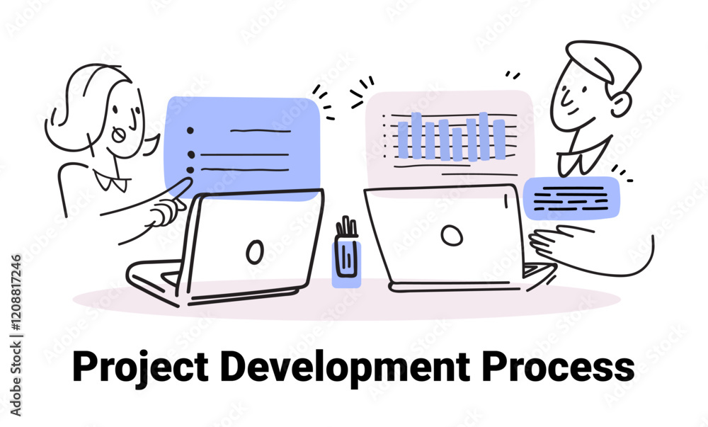 Poster project development process teamwork concept sketch style two people discussing data charts on lapto