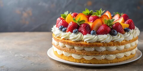 Cake decorated with whipped cream and fresh fruit , dessert, bakery, sweet, homemade, celebration, gourmet