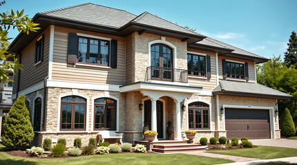 Fototapeta premium Luxury House Exterior: Modern Stone Facade, Landscaping, and Spacious Design