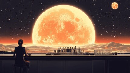 Serene Mysterious Scene with Large Orange Moon, Starry Sky, and a Woman Drinking at a Bar on an Empty Planet Surface