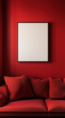 Blank photo frame mockup mounting on red wall with a red sofa, Empty canvas frame in rich red room with a couch