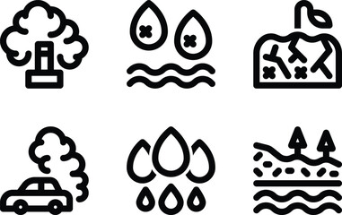 air pollution, water pollution, soil pollution, car emission, water, groundwater outline icon