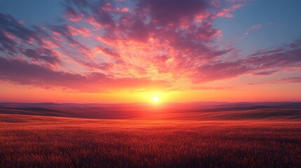 Fototapeta premium Fiery sunset over rolling red fields.