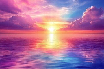 Obraz premium Vibrant Sunset Over Tranquil Ocean Waters with Colorful Sky and Gentle Waves Reflecting the Warm Sunshine in a Serene Natural Landscape Setting