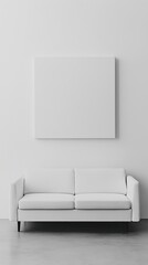 Blank photo frame mockup mounting on white wall with a white sofa, Blank canvas frame in white living room with a couch