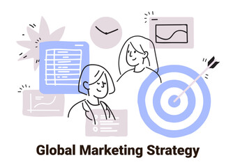 Global marketing strategy concept with people graphs targets and clock in minimalist doodle style business planning elements