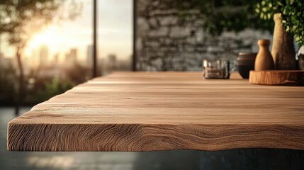 Elegant wood table with smooth grain, softly blurred evening light, refined and timeless
