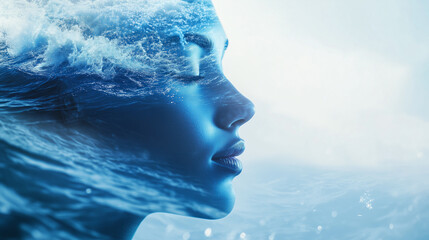 woman water harmony double exposure peaceful portrait face ocean sea calm serene nature profile blue woman calm serene portrait blue