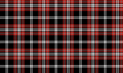 Plaid fabric pattern, black, red, white, distinctive lattice cross lines, seamless for textiles, and for designing clothes, skirts or decorative fabrics. Vector illustration.