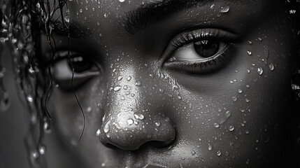 Close up of wet face with drops of water reflecting light, creating beautiful and tranquil scene of wet skin reflecting light, feeling refreshed