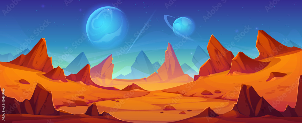 Poster mars planet landscape with red rocky desert terrain and mountains under starry sky with blue glowing
