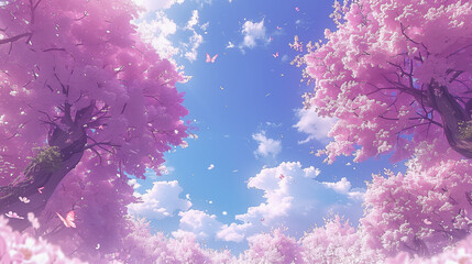 Fototapeta premium Cherry Blossom Trees and Butterflies Under a Bright Sky..