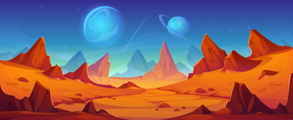 Mars planet landscape with red rocky desert terrain and mountains under starry sky with blue glowing distant planets. Cartoon vector futuristic game background capture the essence of space exploration © Vector Tradition
