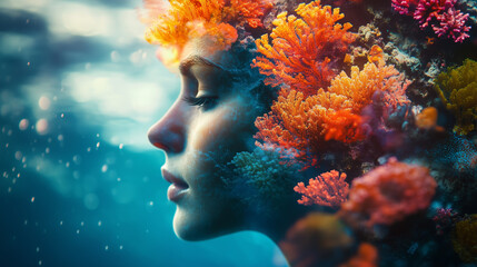 Woman face profile water harmony double exposure with coral reef pattern, surreal underwater scene