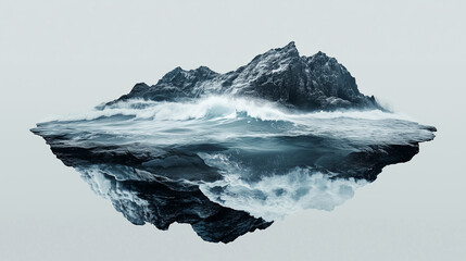 dynamic double exposure featuring mountain island floating above turbulent water, conveying sense of tranquility and raw power within its harmony