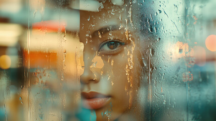 young woman with wet window glass background, she looking out window waiting for someone in raining day