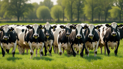 Flock of Black and White Dutch Cows Grazing on Fresh Grass in a Typical Holland Summer Polder Scene in the Netherlands' Countryside