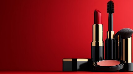 A collection of makeup products on a red background, showcasing beauty essentials.