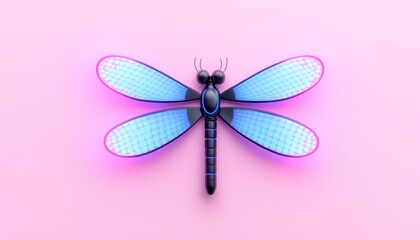 A vibrant dragonfly with blue and pink wings on a soft pink background.