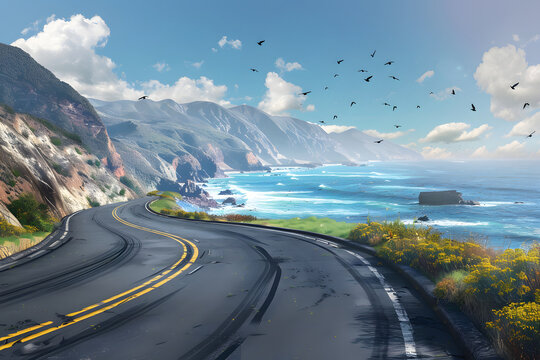 scenic road trip along a coastal highway AI generative