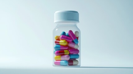 A pill bottle with colorful capsules in a neat clip art style, white background, sharp focus