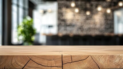 Modern oak table showcasing natural grain details, abstract blurred interior, sleek and earthy