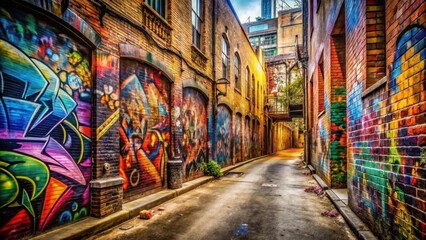 Naklejka premium Graffiti wall in an alleyway , urban, street art, spray paint, vandalism, city, alley, artistic, colorful