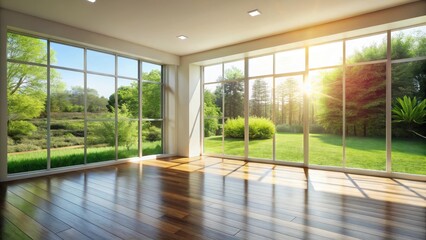 Fototapeta premium Bright sunlit room with minimalist decor and large windows overlooking a garden, sunlight, room, interior design