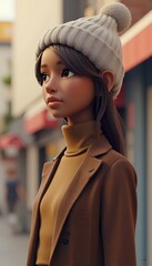 Stylish 3D Render: Brown-Clad Girl in Winter Beanie