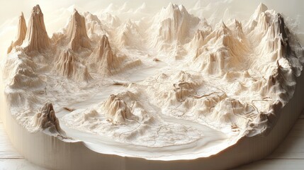 Detailed beige miniature mountain range, river.