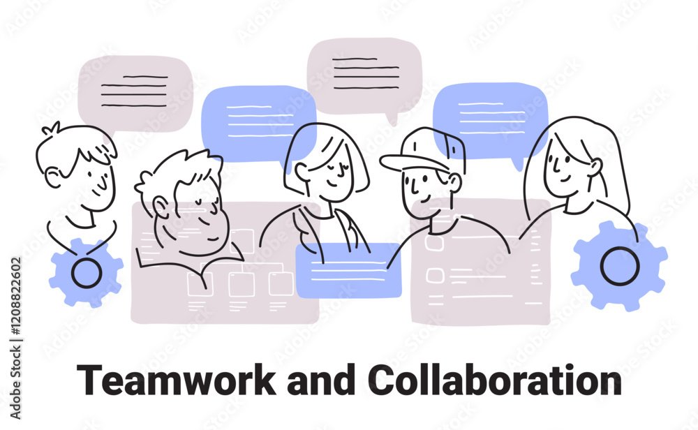 Poster teamwork and collaboration concept with diverse group discussing ideas speech bubbles gears in minim