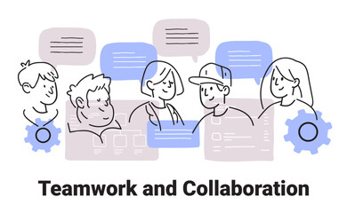 Teamwork and collaboration concept with diverse group discussing ideas speech bubbles gears in minimalist hand drawn style