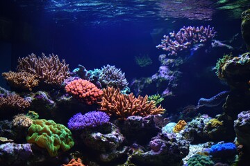 Obraz premium Vibrant Underwater Scene Featuring Colorful Coral Reefs and Marine Life in a Tranquil Aquarium Setting with Breathtaking Natural Colors and Textures