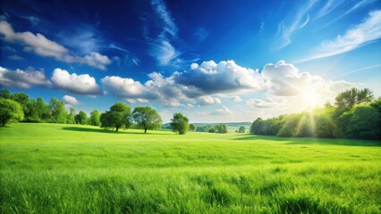 Tranquil meadow with vibrant green grass under a clear blue sky , nature, outdoors, serene, landscape, peaceful, sunny