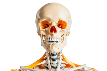 Human skeleton model used for educational purposes in anatomy studies isolated on transparent background