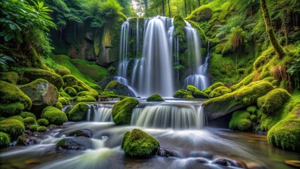 Serene waterfall cascading down moss-covered rocks in a lush forest setting, nature, landscape, stream, flow, peaceful, scenic