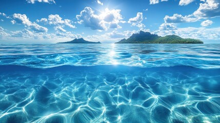 Tropical island seascape, underwater view, sunny sky, tourism brochure