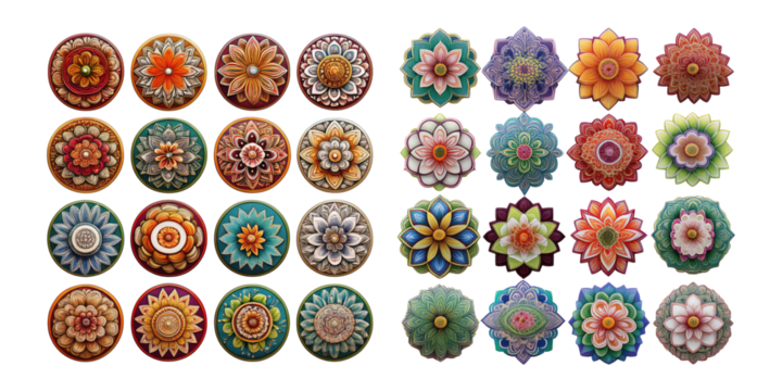 Colorful Decorative Flowers on a Transparent Background