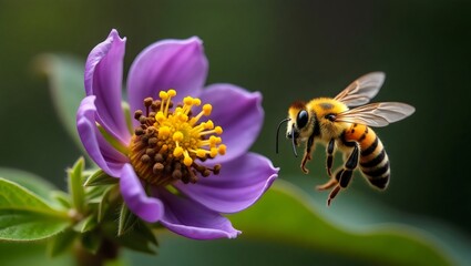 Honeybee Flying Toward a Purple Flower, Pollination Scene, Close-Up
