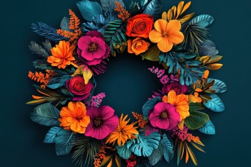 Vibrant tropical flowers arranged in a wreath, rich jewel tones. Perfect for invitations, cards, or adding a touch of summer.