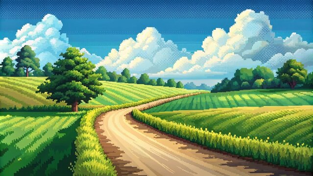 8bits pixel art of a countryside road with green fields, countryside, road, pixel art, 8bits, retro, vintage, rural, landscape