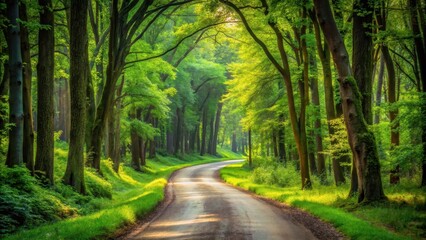 Fototapeta premium Serene forest road A winding path through lush greenery , tranquil, nature, peaceful, trees, foliage, pathway, scenic