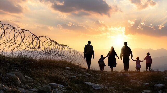 The refugee journey: portrait of individuals fleeing war, poverty, natural disasters, complex causes of displacement and urgent need for empathy, global response to address this crisis.